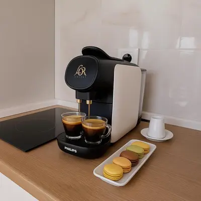 a coffee maker with two cups of coffee and cookies at Cabañas Compostela - Cabaña a Carballeira in Santiago de Compostela