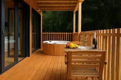 a wooden deck with a hot tub and a bottle of wine at Cabañas Compostela - Cabaña A Fervenza in Santiago de Compostela