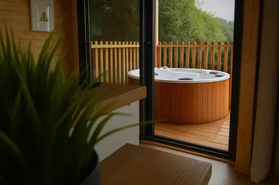a bath tub sitting on a deck next to a window at Cabañas Compostela - Cabaña A Fervenza in Santiago de Compostela