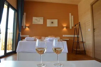 two glasses of wine sitting on a table in a room at Cabañas Compostela - Cabaña La Catedral con bañera de hidromasaje in Santiago de Compostela