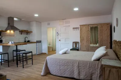 a bedroom with a large bed and a kitchen at A casa do Xastre in Allariz