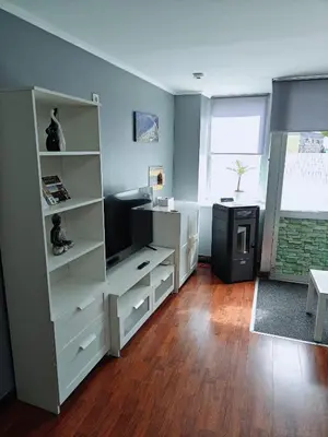 a living room with a tv and a white book shelf at Casa de Fernando in Tríacastela