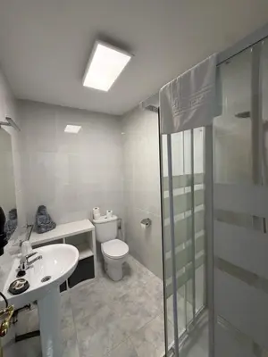 a bathroom with a toilet and a sink and a shower at Casa de Fernando in Tríacastela