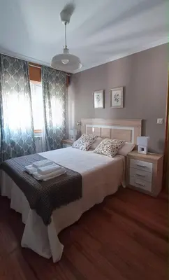 a bedroom with a large bed and a window at Duplex acogedor CAMINO INGLÉS a 10 min de Santiago in Sigüeiro