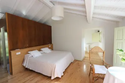 a bedroom with a bed and a chair and a mirror at Pazo Cibrán in San Xulián de Sales