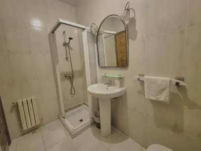 a bathroom with a shower and a sink and a mirror at Hostal Galicia in Monforte de Lemos