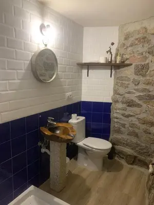 a bathroom with a toilet and a stone wall at ACASADOCRUCEIRO in Vales