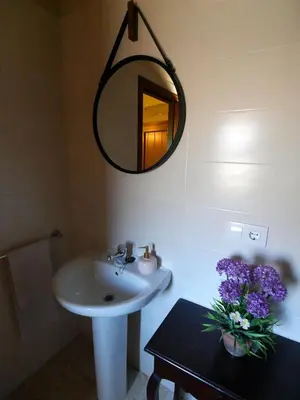 a bathroom with a sink and a mirror and purple flowers at ACASADOCRUCEIRO in Vales