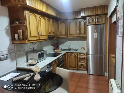 a kitchen with wooden cabinets and a stainless steel refrigerator at Apartamento Cervantes in Ourense