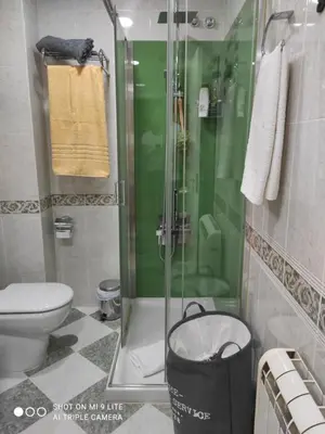 a bathroom with a glass shower and a toilet at Apartamento Cervantes in Ourense