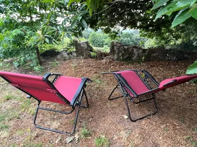 two chairs sitting on the ground under a tree at A Casa do Portal, tu casa rural en Campo Lameiro, cerca de Pontevedra in Campo Lameiro