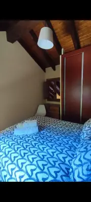 a bedroom with a blue bed with a wooden ceiling at Villa Quijada in Trefacio