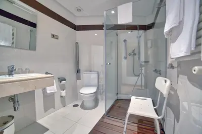 a bathroom with a shower and a toilet and a sink at PR Rosa Rosae in Santiago de Compostela