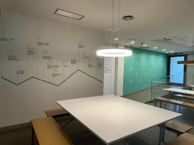 a meeting room with a table and a chart on the wall at Guiana Rooms & Suites in Ponferrada