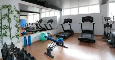 a gym with treadmills and exercise equipment and a mirror at Hotel Spa Congreso in Teo