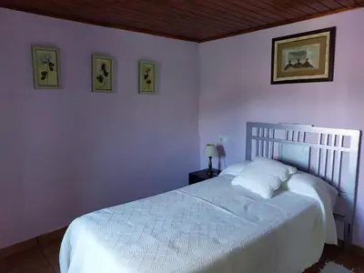 a bedroom with a white bed and three pictures on the wall at Casas de Maragouzos in Silleda