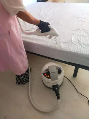 a woman is washing a bed with a drier machine at Apartamento en el casco antiguo de Ponferrada in Ponferrada