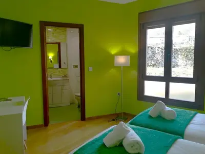 a green bedroom with a bed and a window at PENSIÓN RÚSTICA SANTA MARIÑA DA PONTE in Santa Marina del Puente