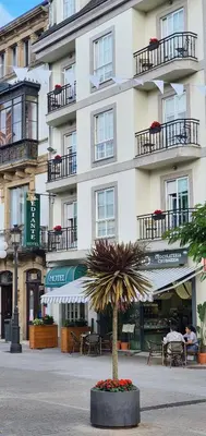 a large white building with a palm tree in front of it at Hotel Mediante in Ribadeo