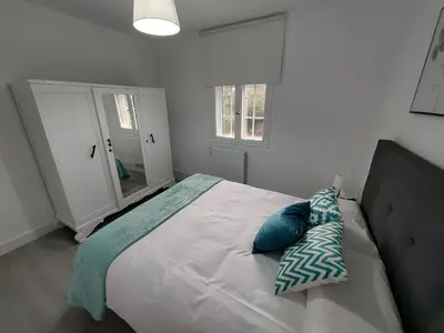 a bedroom with a large bed with blue pillows on it at Acea Nova 2 in Monforte de Lemos