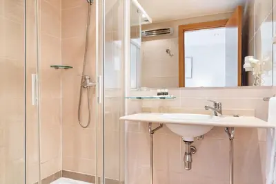 a bathroom with a sink and a shower at Dorma Puerta de San Pedro in Lugo