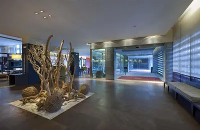 a lobby of a house with a tree in the middle at NH Collection Santiago de Compostela in Santiago de Compostela