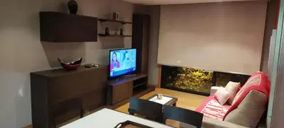 a living room with a flat screen tv and a couch at Piso Estación Termal II in Ourense