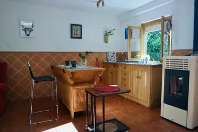a kitchen with a counter and a sink in it at La Furmumecha in Villablino