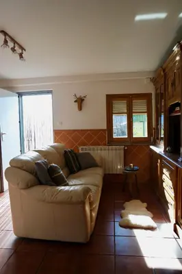 a living room with a couch and a fireplace at La Furmumecha in Villablino