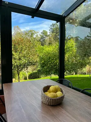 a basket of fruit on a table in front of a window at Rural Lambre by Miramar Stays in A Coruña