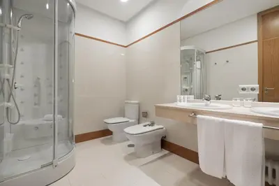 a bathroom with a toilet and a shower and a sink at Exe Vía Argentum in Silleda