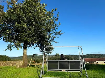 a person sitting on a swing under a tree at Casa Mato in Monforte de Lemos