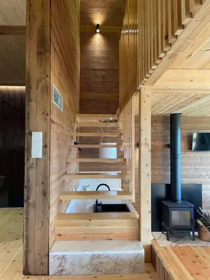 a sauna with a stove and wooden walls at Olladas de Barbeitos in Fonsagrada