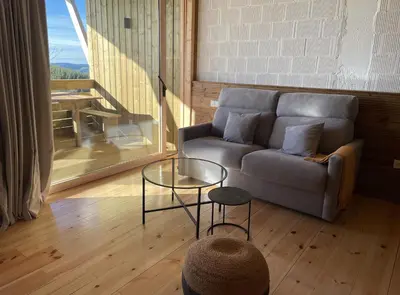 a living room with a couch and a glass table at Olladas de Barbeitos in Fonsagrada