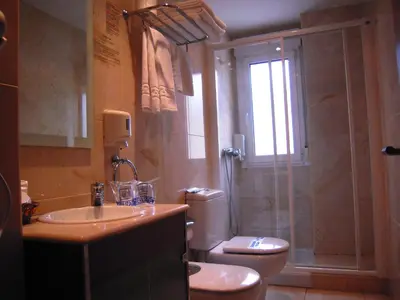 a bathroom with a shower and a toilet and a sink at Apartamentos Ciudad de Lugo in Lugo