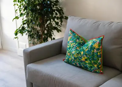 a pillow sitting on a couch with a plant at Morar Ourense in Ourense