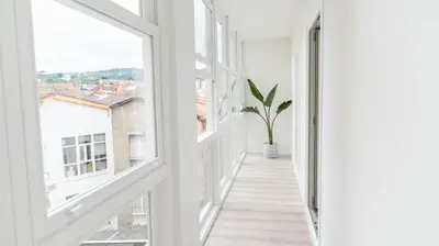 a hallway with white windows and a potted plant at Morar Ourense in Ourense