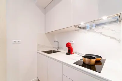 a white kitchen with a sink and a pot on a counter at Morar Ourense in Ourense