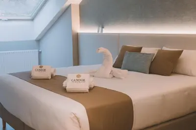 a large bed with pillows and a stuffed dinosaur on it at HOTEL CANDOR in A Lama