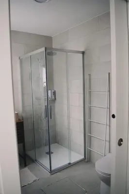 a glass shower in a bathroom with a toilet at Amodiño do Camiño in Belesar