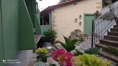 a house with a green door and stairs with flowers at Casa el rey 12 - Apartamentos Buenos Aires y Figueras AR-1419-AS in Valbona