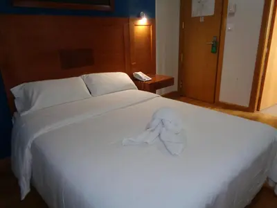 a white bed with a towel on top of it at Hotel Villa De Betanzos in Betanzos
