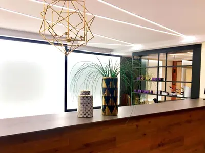 a lobby with a counter with a potted plant at Oca Puerta del Camino Hotel in Santiago de Compostela
