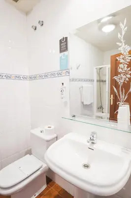 a white bathroom with a sink and a toilet at Hotel Alda Avenida in Santiago de Compostela