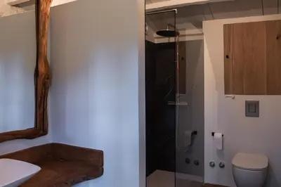 a bathroom with a shower with a toilet and a sink at Houmi A Ponte in Boimorto