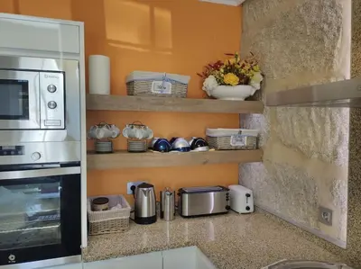 a kitchen with a counter top with a microwave at Casa Carmiña: Casa para pequeños grupos en el corazón de Galicia in O Irixo