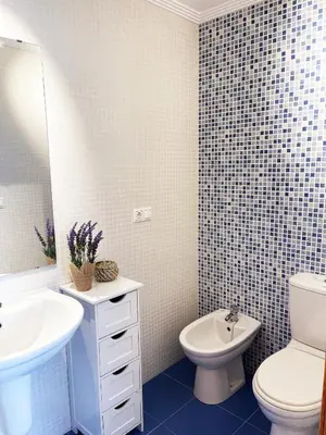a bathroom with a sink and a toilet and a mirror at Ático Alquiler Mondaríz Paraiso del agua. Vistas espectaculares in Mondariz