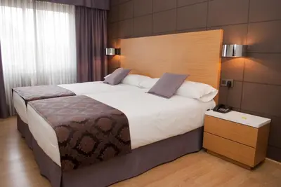 a bedroom with a large bed with a wooden headboard at Hotel Universal in Santiago de Compostela