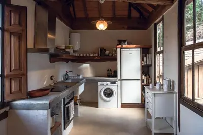 a kitchen with a refrigerator and a washing machine at Houmi As Bouzas in Castrelo de Miño