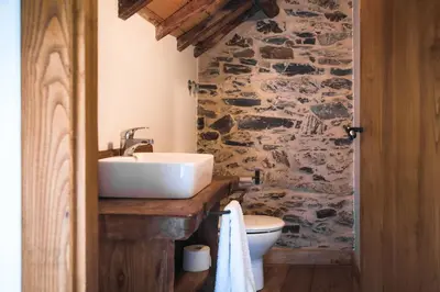 a bathroom with a sink and a stone wall at Houmi As Bouzas in Castrelo de Miño